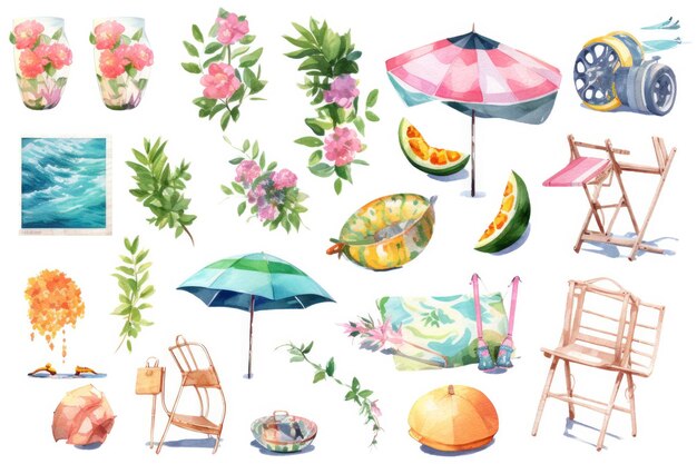 Clip art of summer in watercolor style sprite sheet