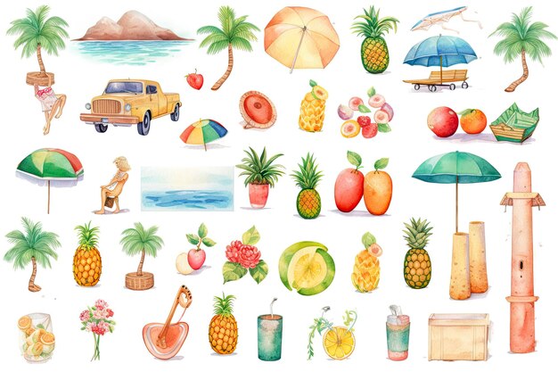 Photo clip art of summer in watercolor style sprite sheet