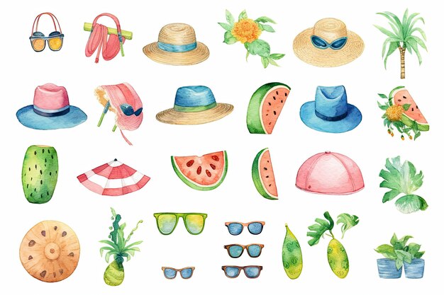 Clip art of summer in watercolor style sprite sheet