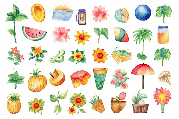 Photo clip art of summer in watercolor style sprite sheet