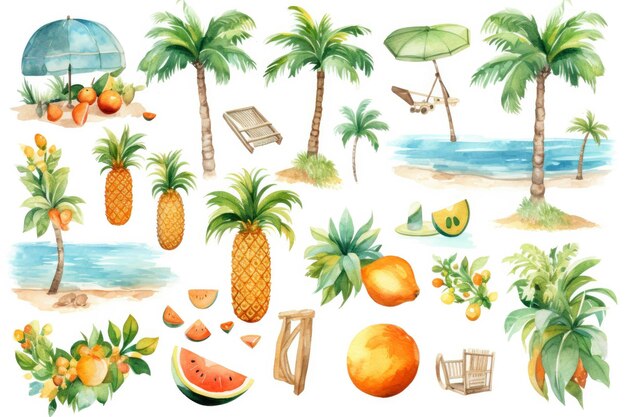 Clip art of summer in watercolor style sprite sheet