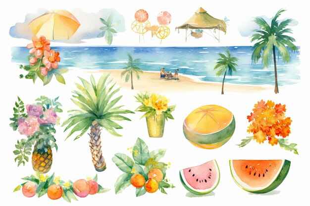 Clip art of summer in watercolor style sprite sheet