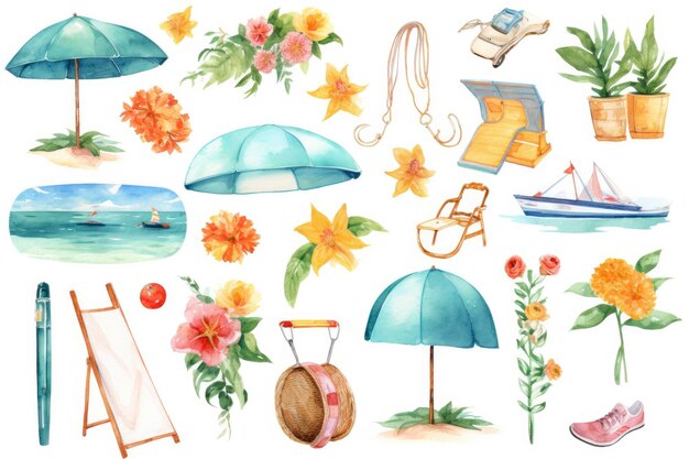 Photo clip art of summer in watercolor style sprite sheet