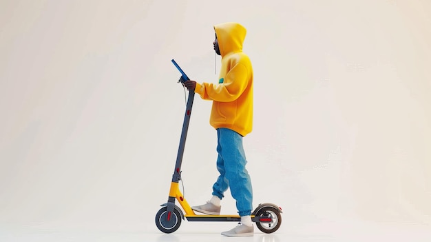 노란색 후디와 파란색 바지를 입고 스마트 폰을 들고 키크 스쿠터를 타고 있는 젊은 남자의 클립 아트 현대 도시 교통 클립 아트는 색 배경에 고립되어 있습니다.