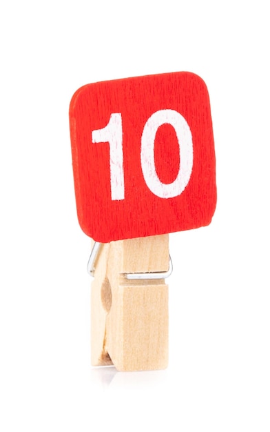 clip wooden peg with numbers 10 isolated on a white background