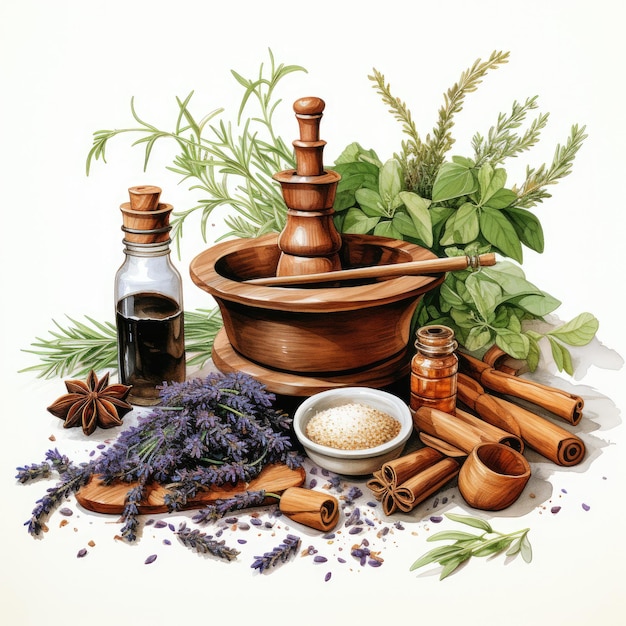 Clipart Ceramic Mortar and Pestle with Crushed Spices and Fresh Herbs