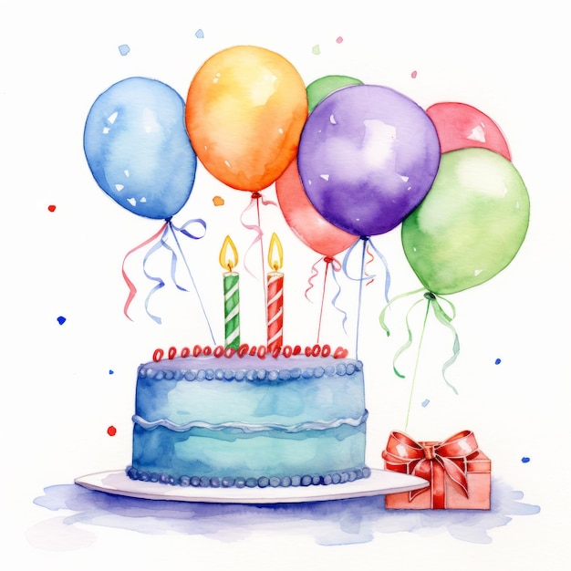 Clipart for children's birthday Watercolor card with cake and balloons