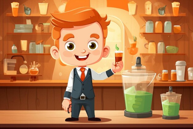 Clipart cute barista presenting brown sugar bubble milk green tea drink at shop