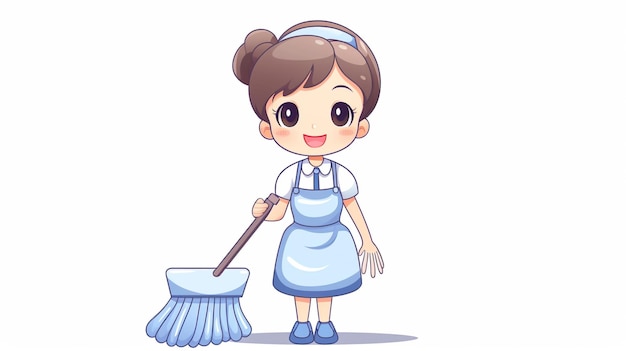 Photo clipart of cute cartoon woman maid with mop on white background