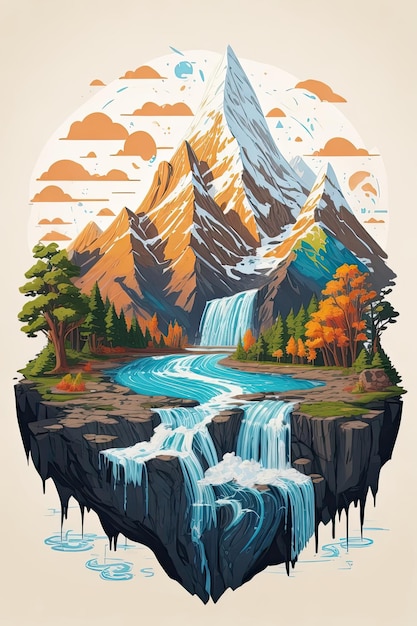 CLIPART design painting of a mountain with trees and water a detailed painting by Petros Afshar