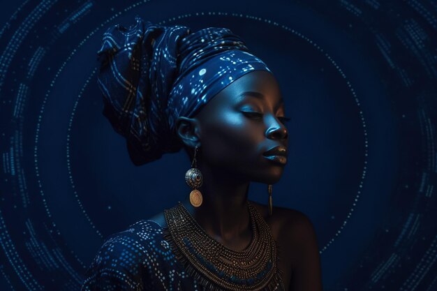 아름다움과 패션 디자인을 혼합한 미래적인 보디아트를 입은 멋진 아프리카 여성을 특징으로 하는 클립아트