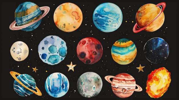 Clipart illustration of color solar system planets asteroids and stars isolated on black