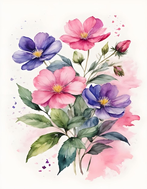 Фото Клипарт акварельной живописи из фиолетового розового синего дикого цветка милый стиль зеленых листьев