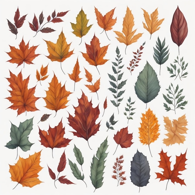 Photo clipart set of watercolor colorful autumn leaves isolated on white background beautiful stickers