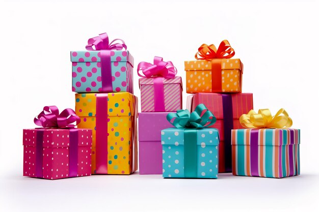 Photo clipart varioussized boxes wrapped in vibrant papers on white background