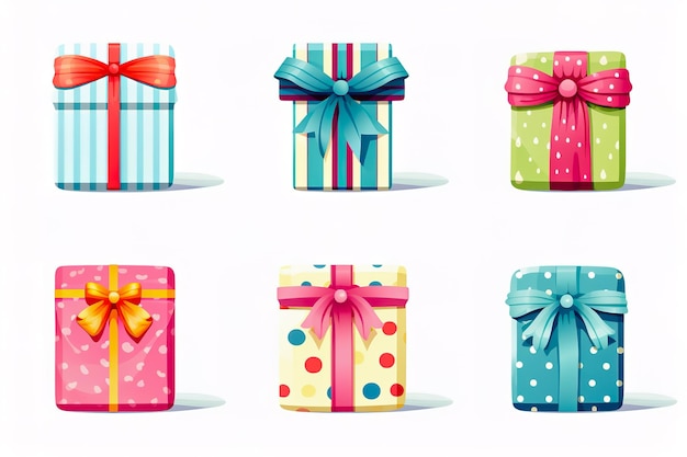 Clipart varioussized boxes wrapped in vibrant papers on white background