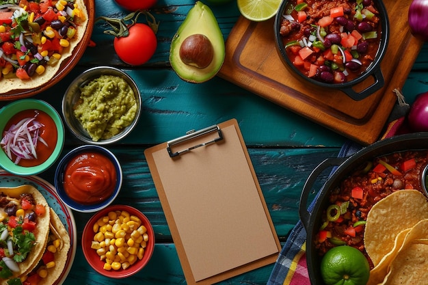 Photo clipboard amidst mexican food