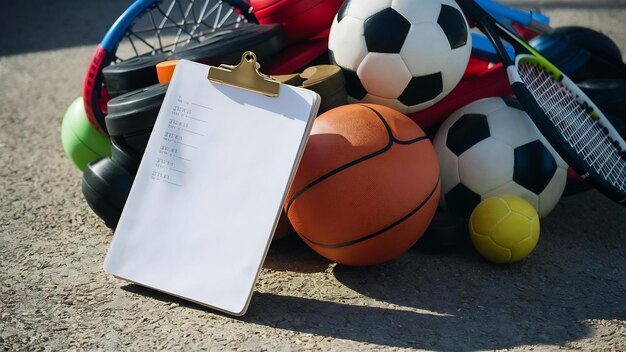 Photo clipboard near pile of sports equipment