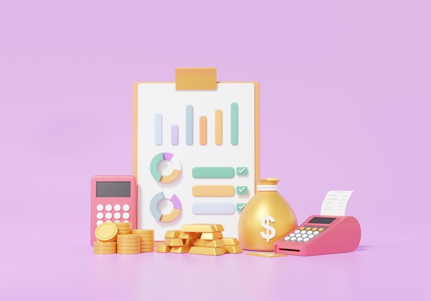 Clipboard paper graph ,Financial analytics. transactions for Cost reduction saving education concept , calculator, coins, bag money gold, purple background. 3d rendering illustration