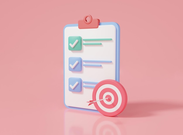 Clipboard paper and huge target with arrows SEO optimization business goals concept for planning business strategy making goals and goal achievement 3d icon render illustration minimal style