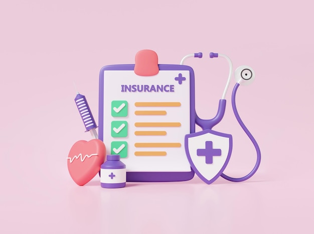 Clipboard paper insurance report information cost service healthcare checkmark health checkup heartbeat drug medical doctor concept Diagnosis care guarantee protection on pink background 3d render