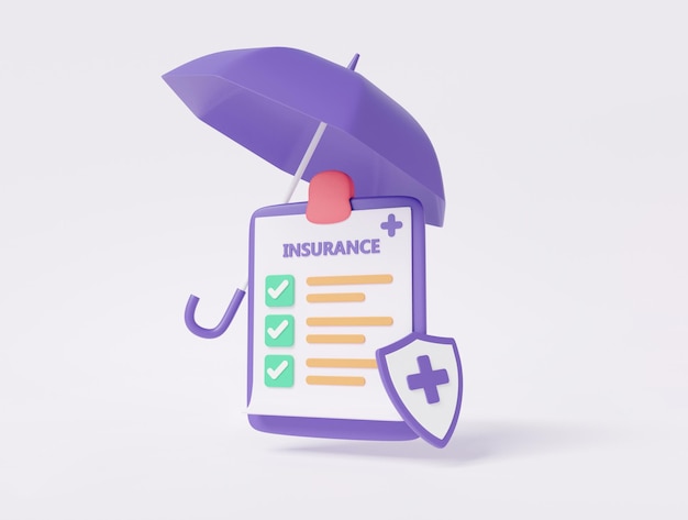 Photo clipboard paper with umbrella insurance shield protection report information healthcare checkmark health checkup heartbeat medical doctor concept care guarantee on white background 3d rendering