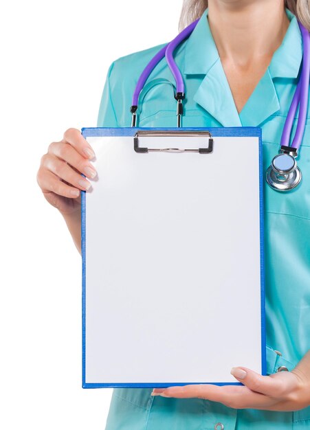 clipboard with blanc sheet in hands of female doctor isolated