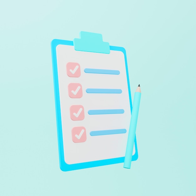 Photo clipboard with checklist and pencil on light blue background. 3d illustration