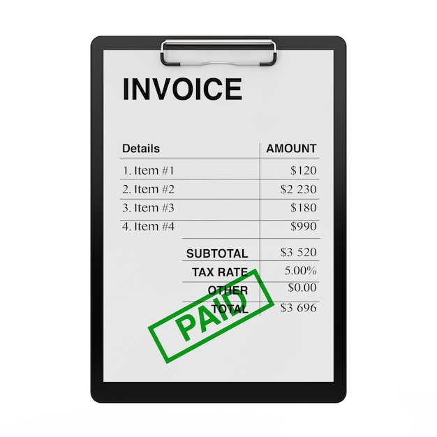 Photo clipboard with invoice template paper on a white background. 3d rendering