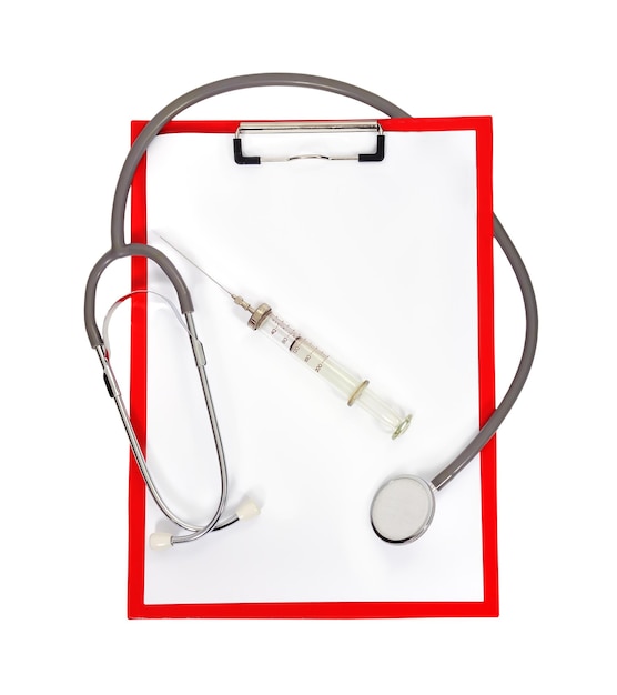 Clipboard with stethoscope and syringe