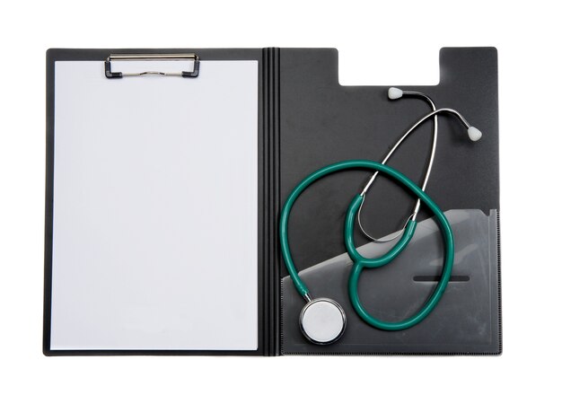 Photo clipboard with stethoscope on a over white background