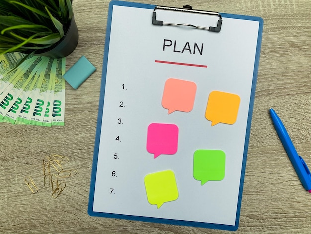 Clipboard with text plan on wood desk