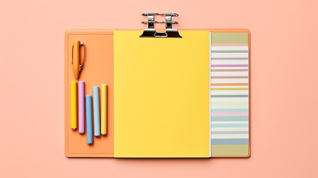 A clipboard with a yellow folder with a colorful pen on it.