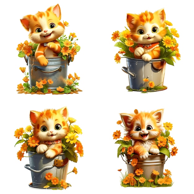 Clipping pad schilderij van oranje kitten en bloemen in water emmer clip art _ai_generated