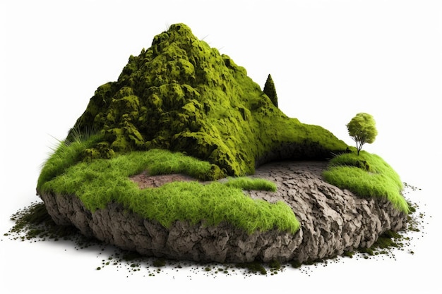 Clipping path highlighting the green moss and dirt mound against the white background