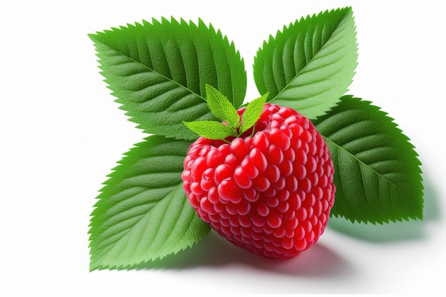 A clipping path was used to isolate a red raspberry with a green leaf on a white background