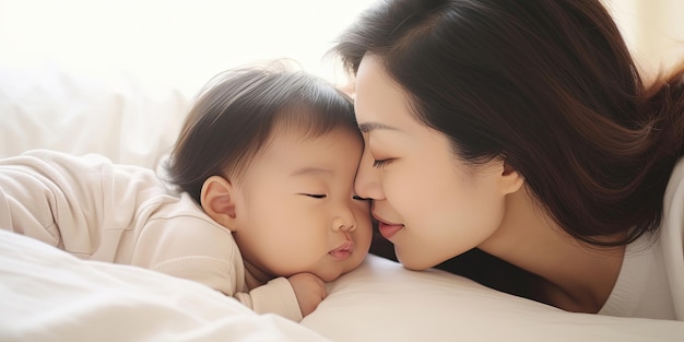 사진 침대에서 건강한 신생아 잠을 키스하는 아름다운 젊은 백인 어머니 날 소녀의 클로 초상화