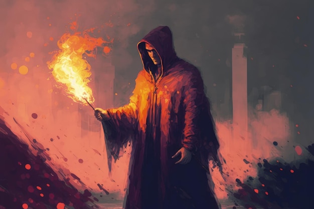 Cloaked figure clutching enchanted lamp before city engulfed in orange fumes Fantasy concept Illustration painting Generative AI