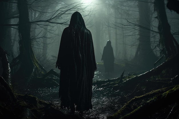 Фигура в плаще, стоящая у входа в зловещий лес Концепция Хэллоуина Генеративный ИИ