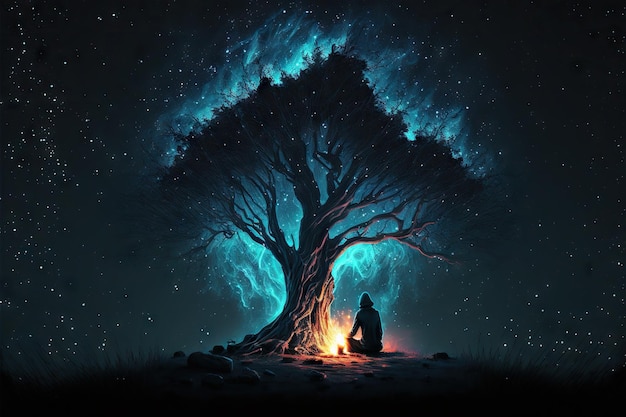 生成 AI で作成された、夜の焚き火と大きな神秘的な木の近くに座るマントを着た男性の人