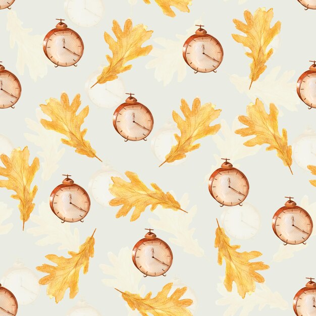 Clock alarm clock yellow oak leaf watercolor seamless pattern