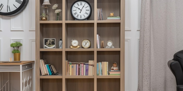 A clock on a bookcase with a clock on it