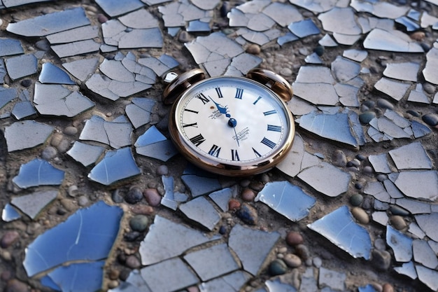 A clock on a broken floor with the roman numeral iii on it.