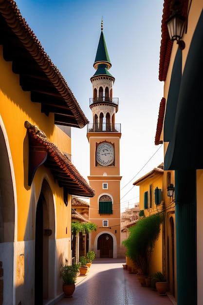 a clock on a building with a green roof and a yellow building with a green roof.