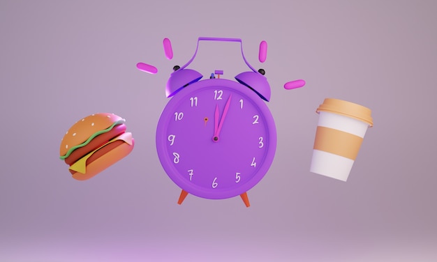 clock burger  cup cofee  3d rendering
