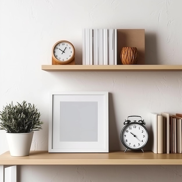 A clock and a clock on a shelf with a clock on it.