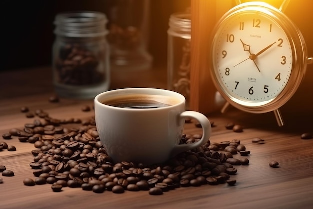 A clock and coffee beans on a table with a clock