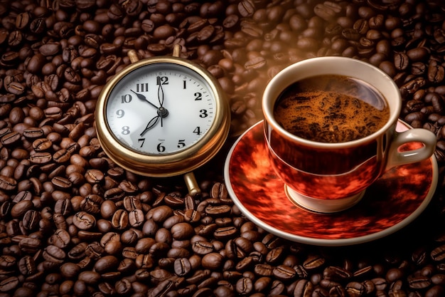 A clock and coffee beans with the time of 12 : 30