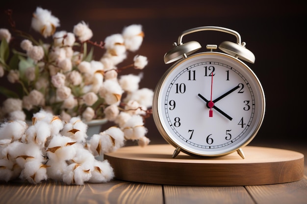 Clock and cotton banner for daylight saving atop white wooden table