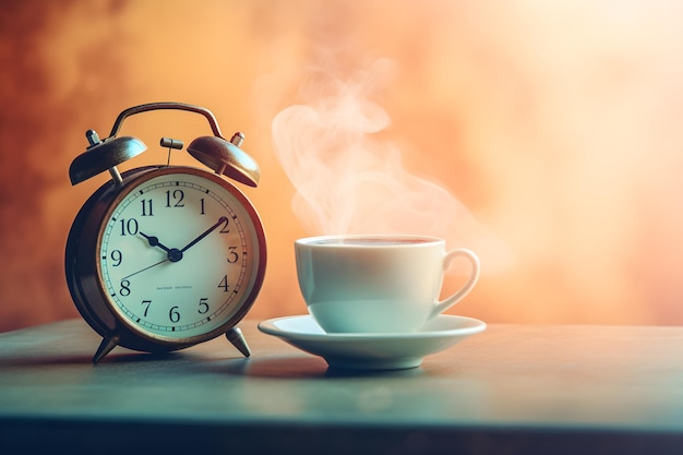 Часы и чашка кофе на столе с часами и дымчатым фоном